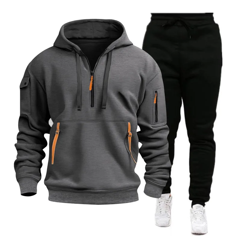 2024 Cross-border Sports Sweater Men\'s Multi-Pocket Zipper Hoodie Sweatpants Set