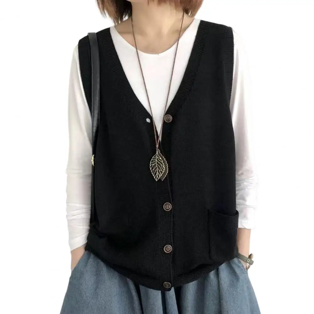 Women Vest V-neck Knitting for Warm Waistcoat with Pockets Solid Color Loose Tank Top Knit Vest Tops