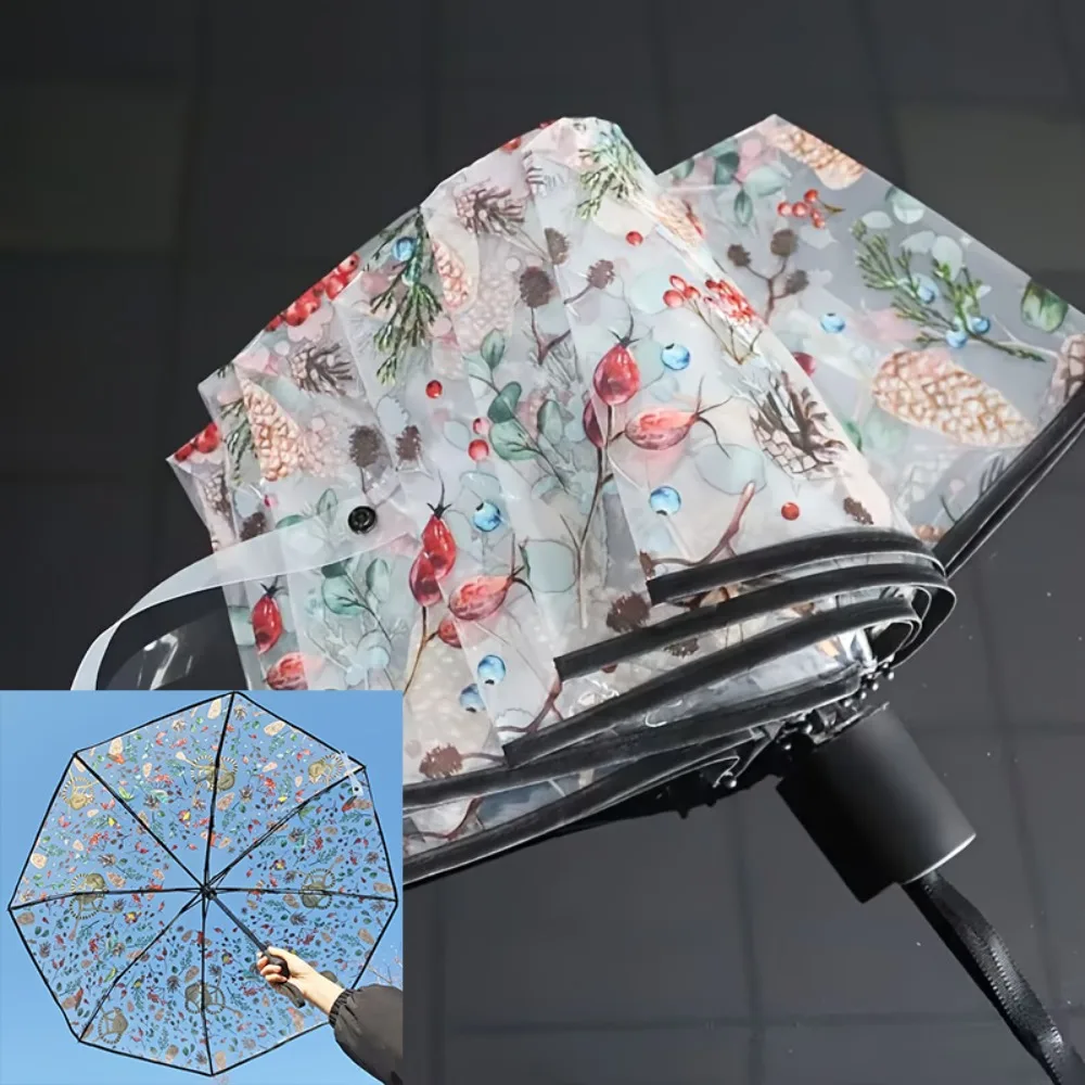 

Retro Window Flower Pattern Transparent Umbrella Fully Manual Opening and Closing Portable Travel Transparent