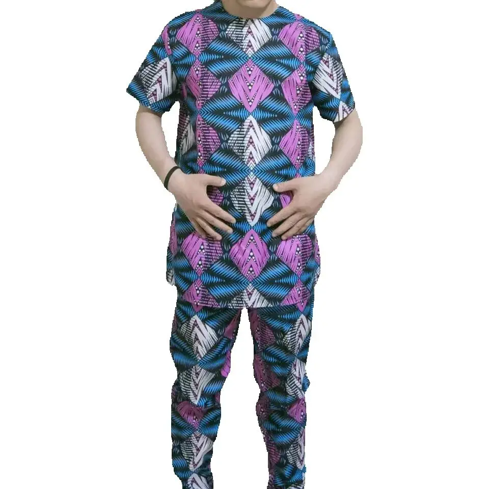 African Fashion Men\'s Set Outfits Short Sleeve Tops Patch Trousers Nigerian Print Male Pant Suits Party Wear Customized