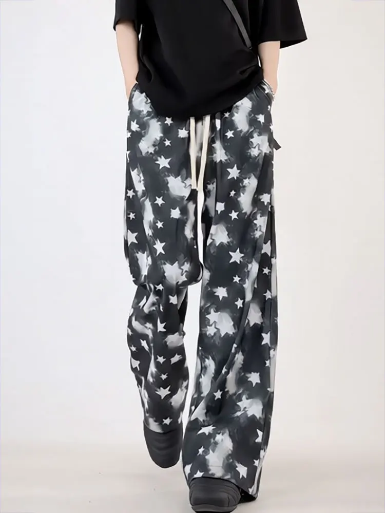 Y2k Tie-Dye Star Baggy Casual Pants Men Quick-Dry Wide leg Oversize Ice silk Straight Pants Harajuku Graphic Archive Sweatpants