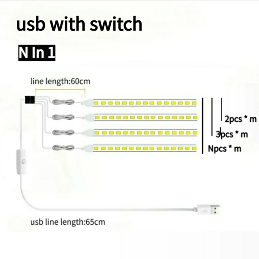 2 In 1 USB LED Strip With Switch 1M 2M 3M 5M Light Tape Decoration Ribbon for Kitchen wardrobe Room