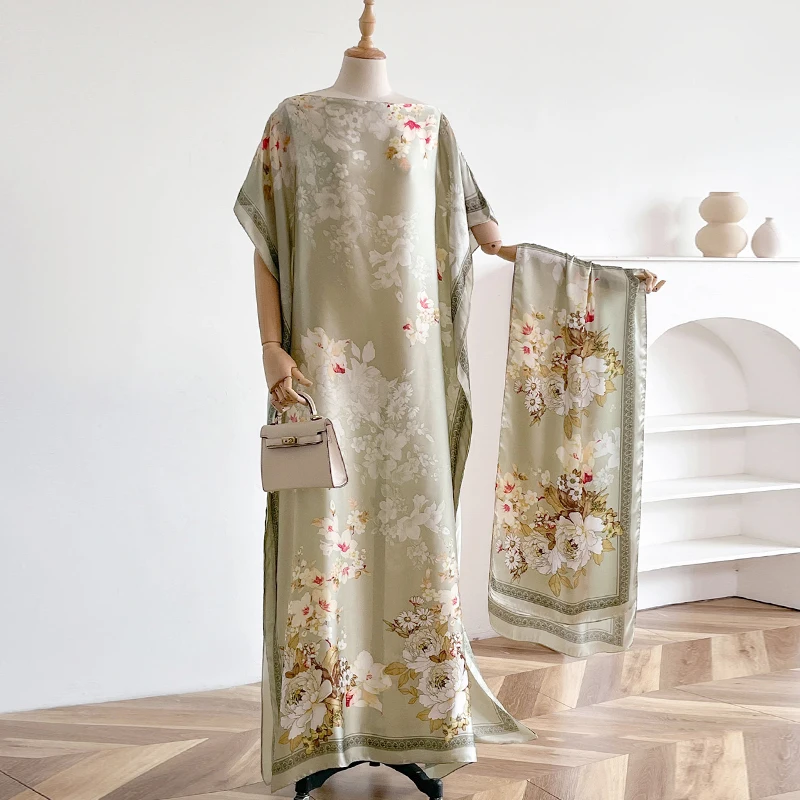 Elegant Printed Silk Muslim Lady Kaftan Dress Summer New Fashion African Long Hijab Kuwait Abaya Oversize for Women