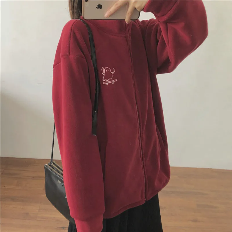 Korean Women Embroidery Zip Up Hoodie Fleece Solid Thick Warm Winter Plush Zipper Sweatshirt Outwear All-Matching Tops Clothes