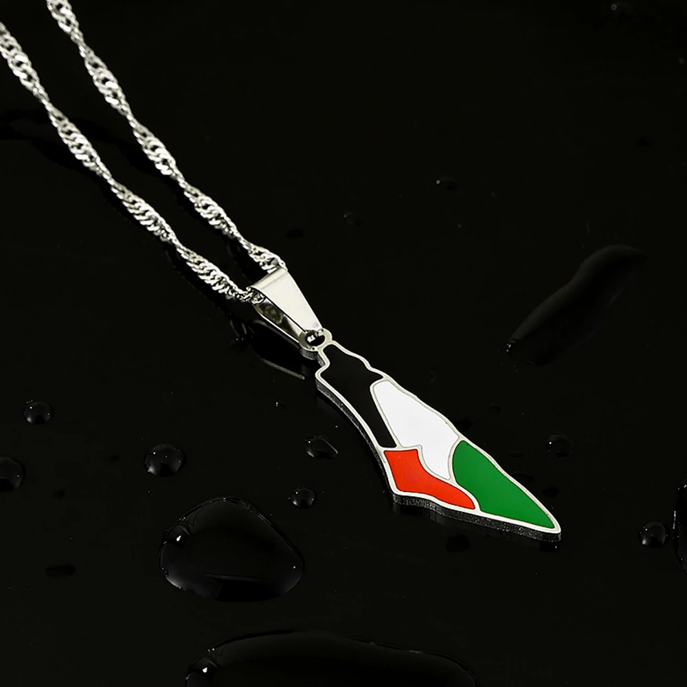 Fashion State of Palestine Map Flag Pendant Necklace Stainless Steel Men Women Country Map Ethnic Jewelry Gift view 2