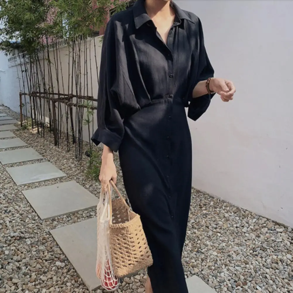 

Fashion OL Dress Summer Women Lapel Neck Long Sleeve Shirtdress Femme Elegant Party Vestidos Casual Office Work Sundress