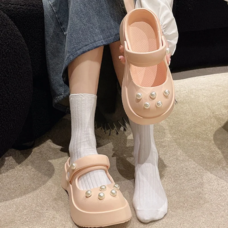 Women's Hole Shoes Summer Women's Sandals DIY Pearl Thick Sole Perforated Shoes Cute Fashion Wear Non-slip Eva Garden shoes