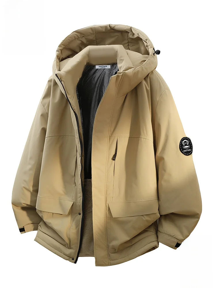 

PaulFrank Khaki Color Cotton Jaet for Men Winter Warmth Loose Fit Hooded Monkey Face Brand Polyester Fiber Long Sve Coat
