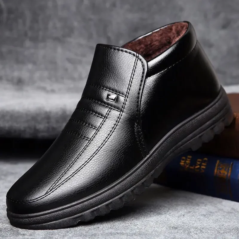 Winter Cotton Shoes Men Waterproof Men's Casual Leather Shoes Flannel High Top Slip on Male Rubber Warm Casual Shoes for Mens