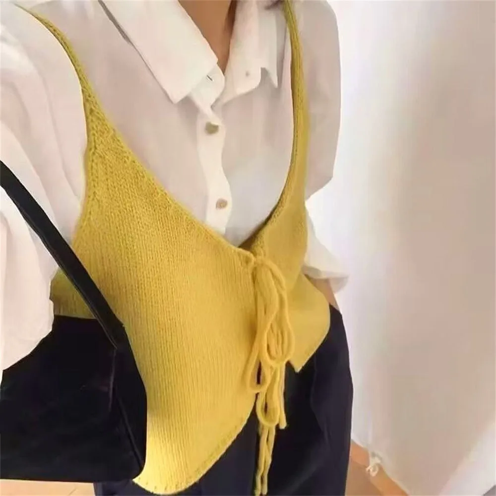 Two Side Wear Tie Bow Sweater Vest Red Beige Yellow Gray Black Sleeveless Knit Cardigan Spring Autumn V-neck Fashion Baisc Top