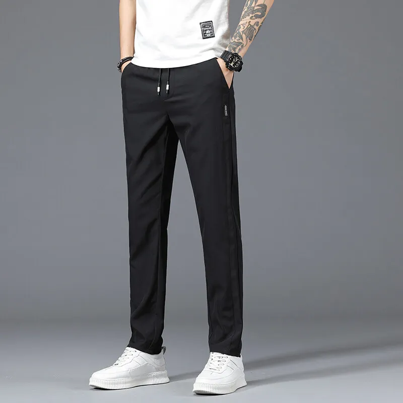 

men Spring Summer Waist Drawing Solid Color Thin Business Casual Trousers Outdoor Elastic Breathable Straight Tube Sneaker
