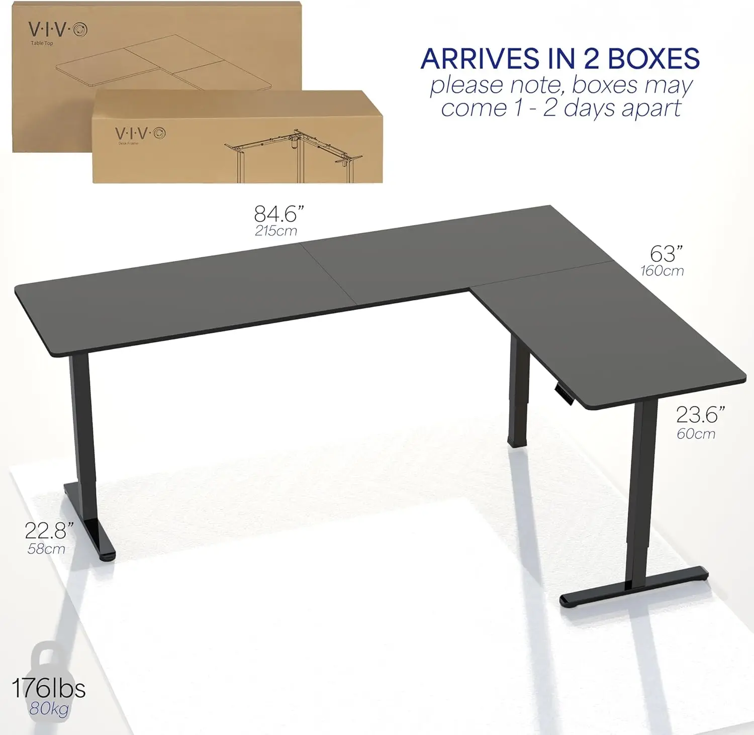 Mesa de canto elétrica em forma de L de 84 x 63 polegadas com altura ajustável, controlador de memória, tampo marrom retrô branco