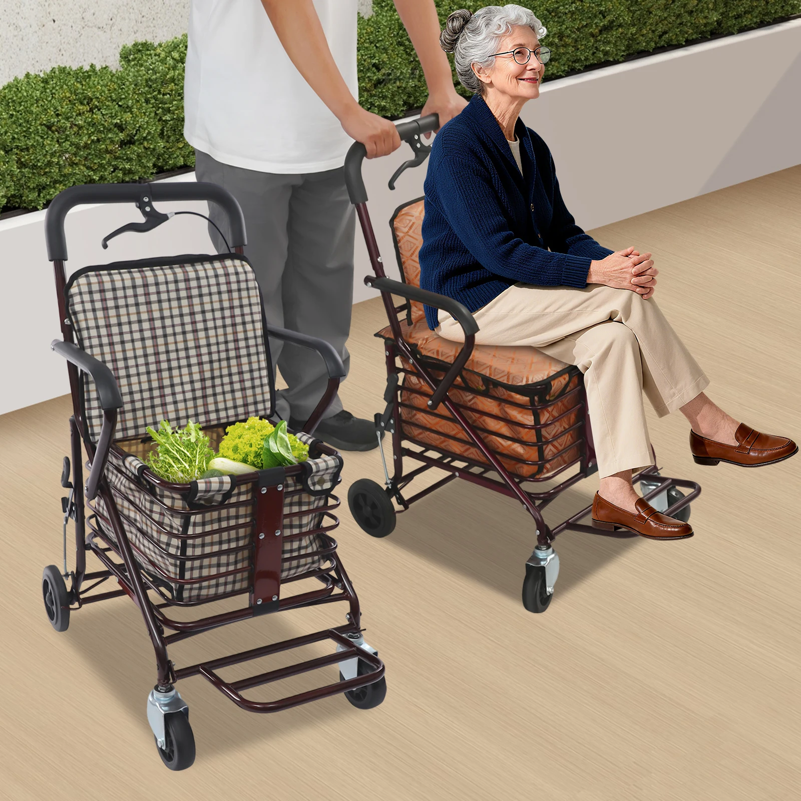 Foldable Shopping Cart with Seat, Rolling Walker with Brakes for Senior Foldable Wagon for Carrying Pets & Supplies
