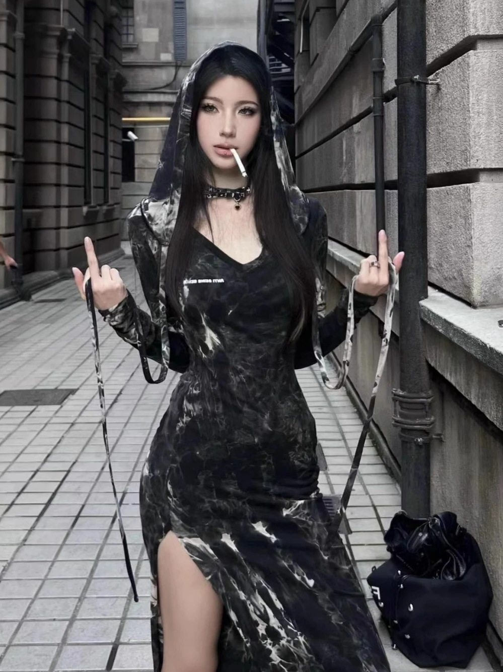 

Women's Gothic Black Hooded Tie Dyed Dress, Harajuku Punk Temperament Fashion, Split Sexy Dress, Hot Girl, New