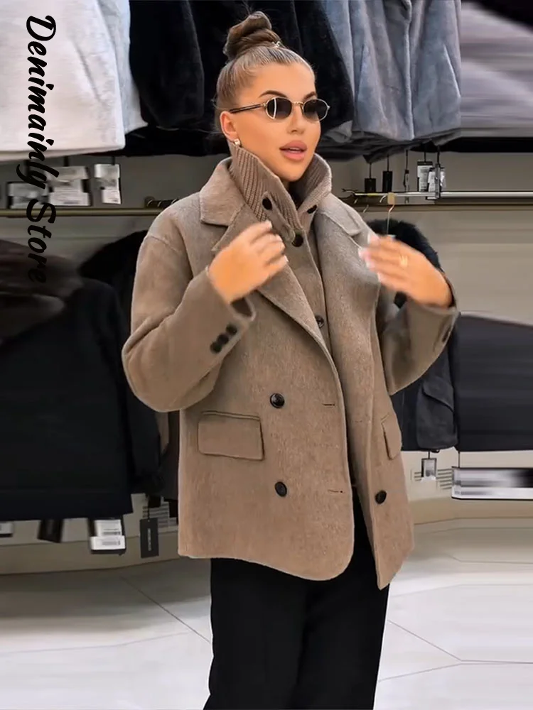 Vintage Damen Wollkurzmantel, locker geschnitten, mit Revers, langen Ärmeln, geknöpfter Jacke, Strickkragen, Weste, 2026 Herbst Damen 2-teiliges Set Mäntel