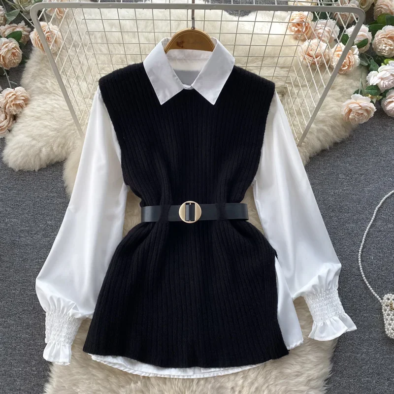 2024 Light Luxury Ladies Dress Set Women\'s Loose Long-sleeved White Shirt Top + Slit Knitted Vest Vest Two-piece Set A646