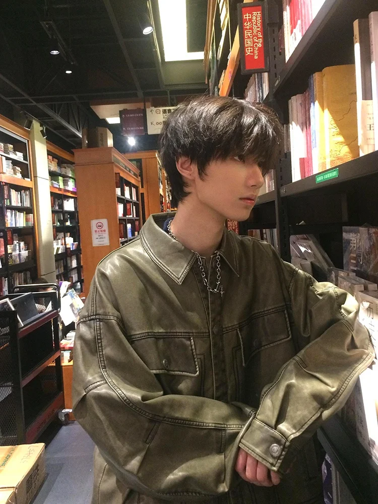 

Кожаный джат в стиле ретро в стиле пэчворк, мужской мотоциклетный джет с высокой чувствительностью, крутой осенний винтажный воротник