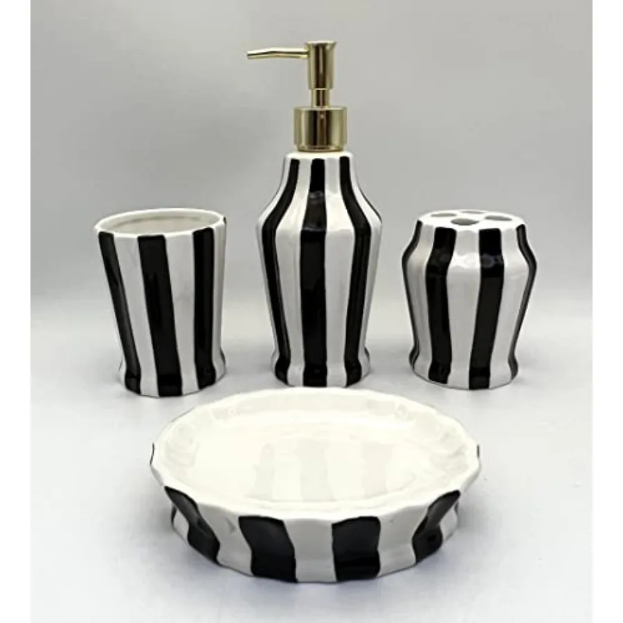 

Набор аксессуаров для ванной комнаты из 4 предметов, керамический, с рельефным рисунком и ручной росписью в стиле Тосканы, в полоску белого/черного цвета, с премиальной текстурой и элегантным дизайном
