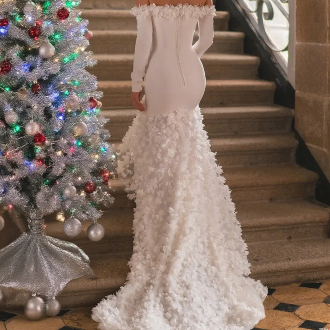 حورية البحر فستان الزفاف الحرير خارج على الكتف طويلة الأكمام ثوب الزفاف الأنيق يزين فستان الزفاف مساء مخصص