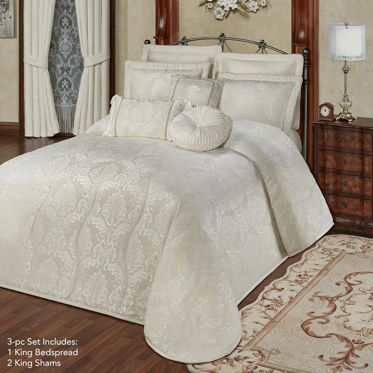 Touch Of Class Camelot Luxury Bedding | Neutral Soothing Ivory | Matte Satin Damask On Richly Textured Jacquard-Woven Chenille