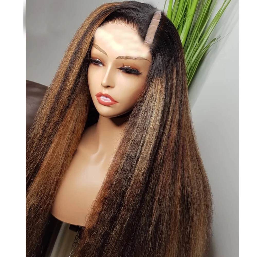 Two Tone Gluless Kinky Straight U Part Human Hair Wigs Side/Middle U Shaped Ombre Chestnut Brown Vpart Wig High Density