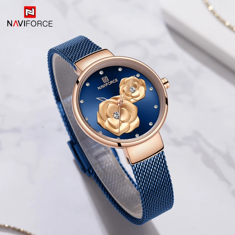 

NAVIFORCE Fashion Brand Casual Wild Female Wristwatch Steel Strap Watch for Women Waterproof Flower Dial Design Ladies Bracelet