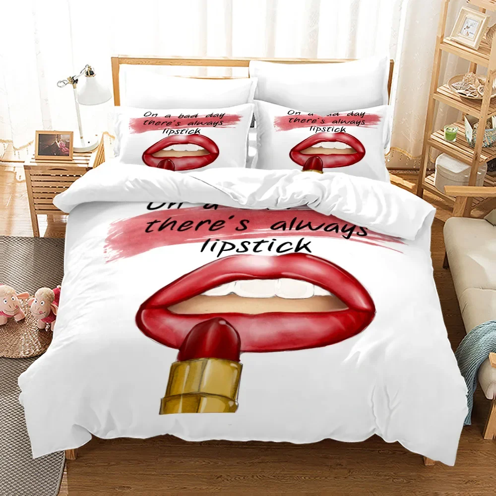 Sexy Red Lips Duvet Cover Set Kissing Lovers Couples 3D Printed Bedding Set Soft Comforter Cover and Pillowcase Set Home Textile