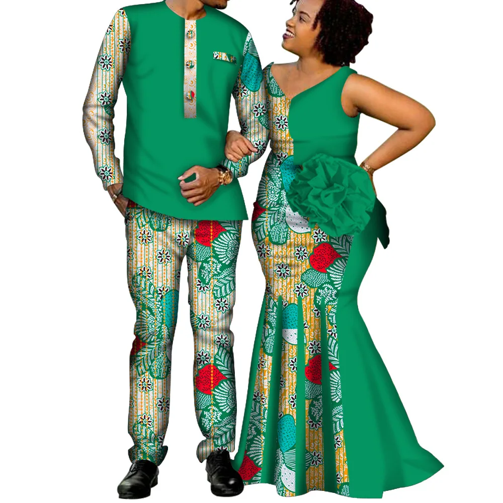 Casal africano combinando roupas para casamento feminino fino sereia vestido bazin riche masculino topo e calça define amante festa de casamento wear