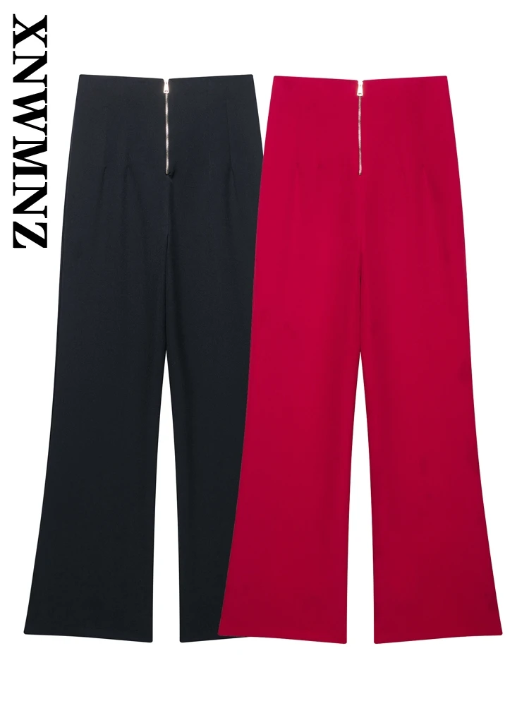 

XNWMNZ 2025 Summer Female Fashion Bottoms High Waist Streetwear Woman Solid Color Long Pants Ruffles Regular Fit Pockets zipper