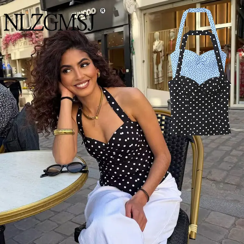 NLZGMSJ Débardeur Femme à Pois Été 2026 Sans Manches Dos Nu Col Halter Col en V Court et Ajusté Sexy Y2K