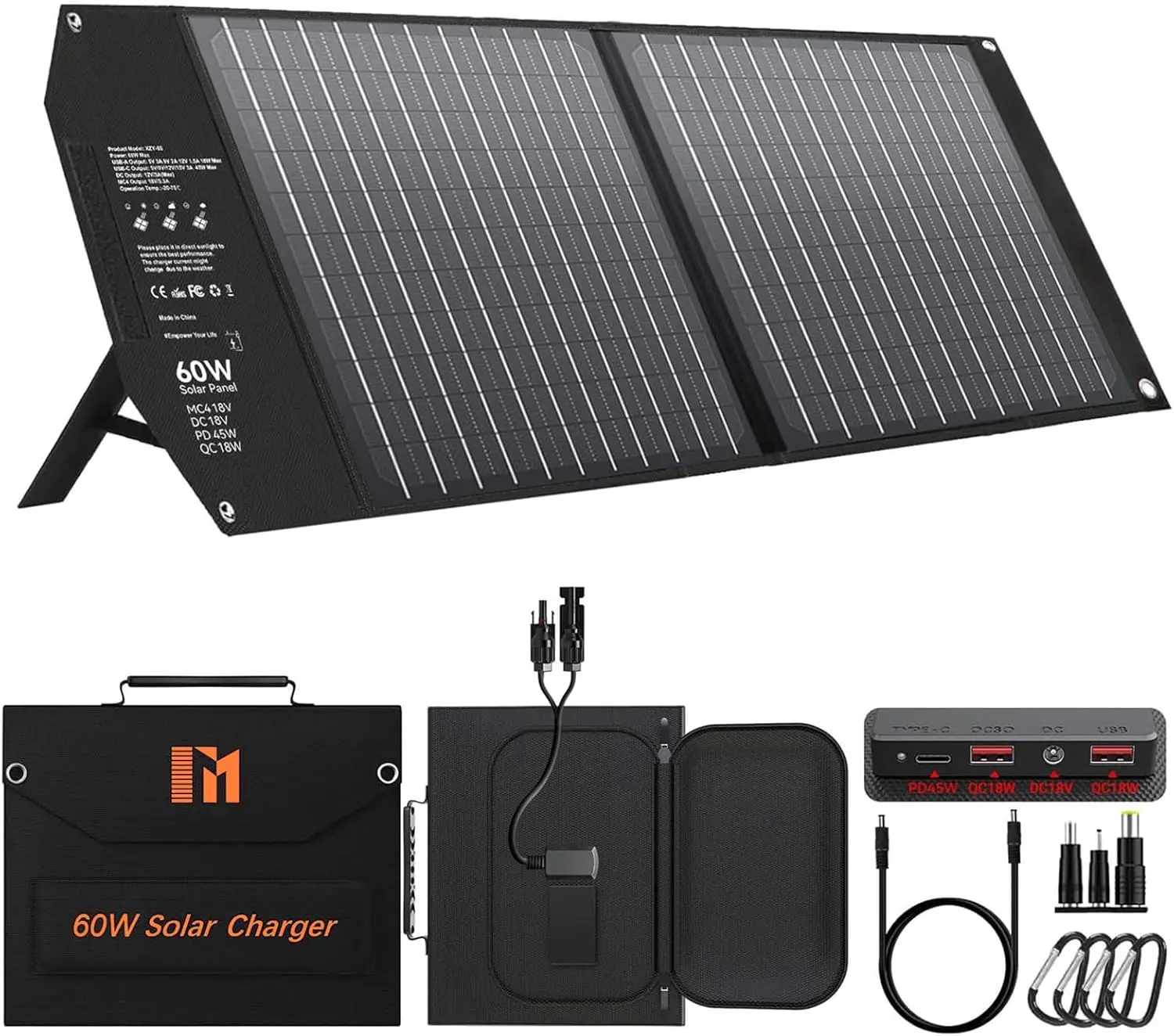 

60W Portable Solar Panel Charger with PD45W USB-C QC3.0 USB-A 18V DC MC4 Outputs Foldable for Camping RV Fast Charging