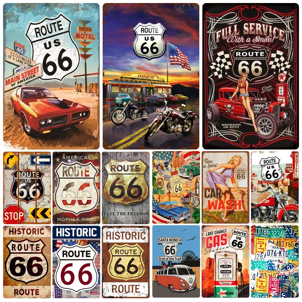 

Новый стиль Route 66 металлическая доска винтажная Mother Road жестяная вывеска домашний бар гараж потертый шик Откройте для себя Американский наст...