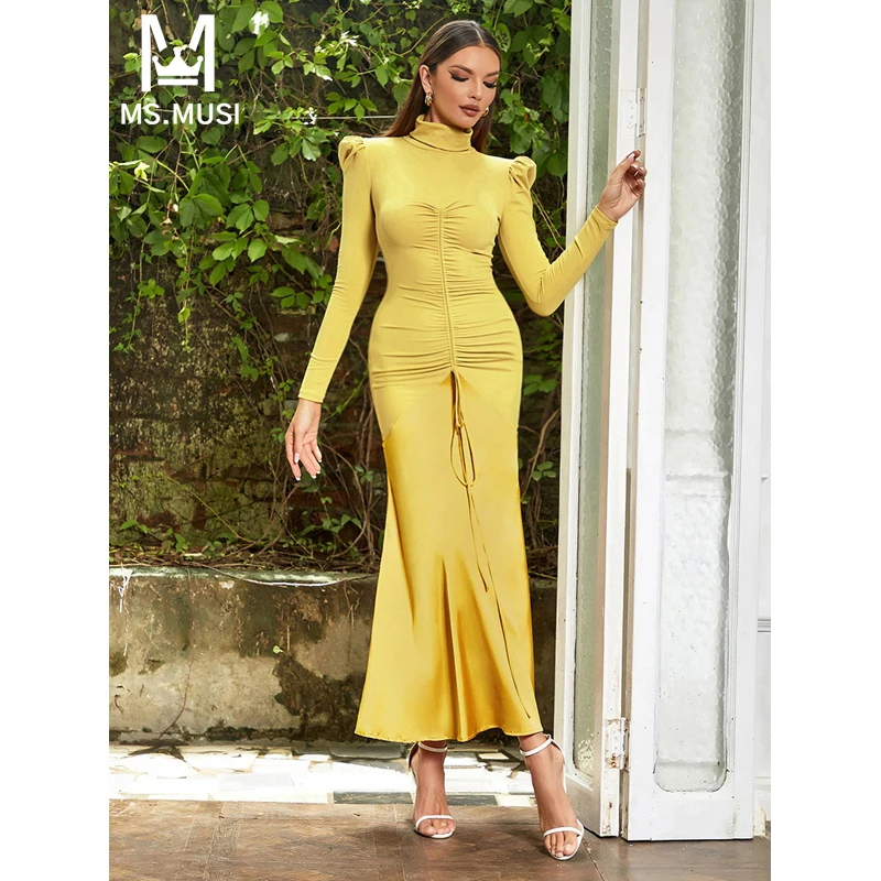 MSMUSI 2024 New Fashion Women Sexy Solid Draw String Draped Fold Long Sleeve Bodycon Party Club Event Satin Maxi Dress Long Gown