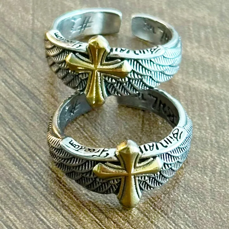 1/2Pcs Fashion Graffiti Cross Feather Wing Rings Gothic Feather Cross Eagle Wings Opening Rings Women Men Fashion Jewelry
