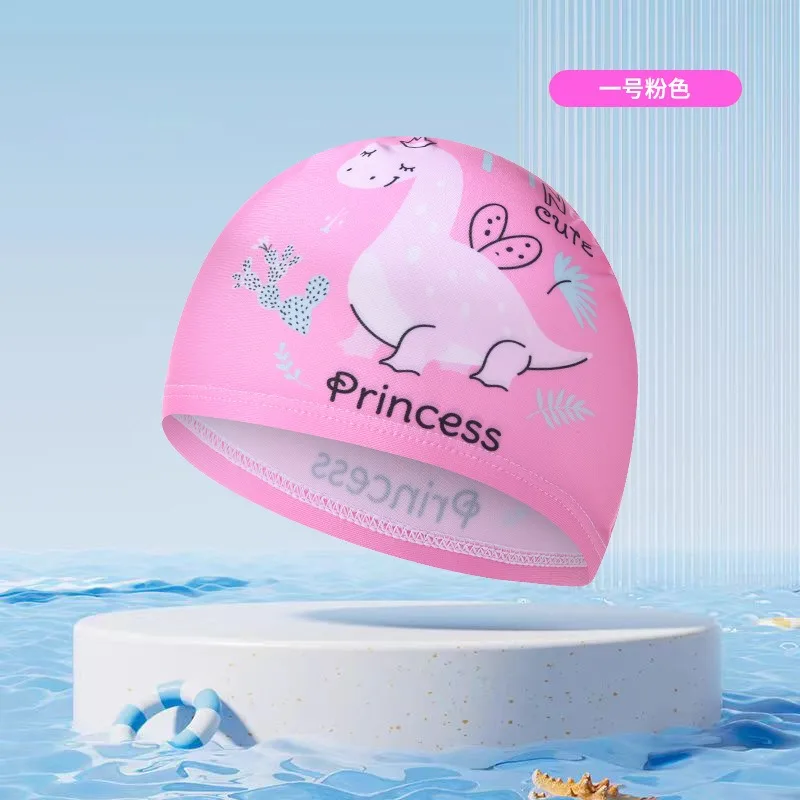 Simpatico cappello da bagno per bambini con stampa di dinosauri, morbido e confortevole, in tessuto, con protezione per le orecchie, accessori per abbigliamento sportivo