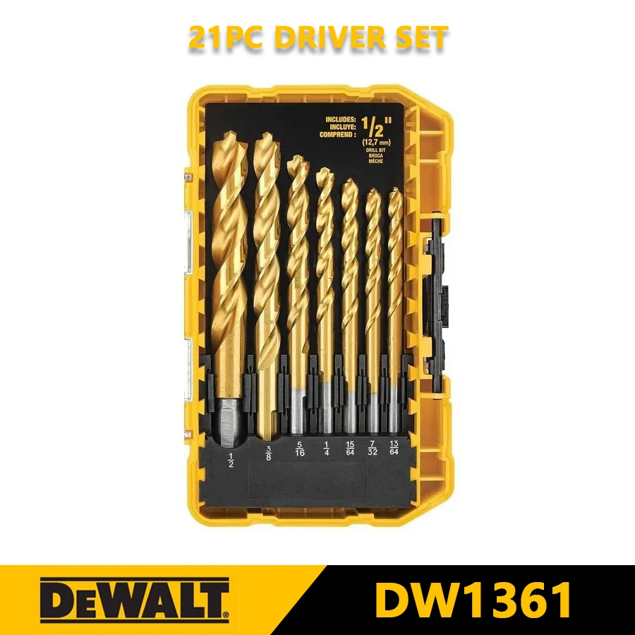 Imagem -05 - Dewalt-titanium Nitreto Revestido Broca Grupo Elétrica Torção Broca Alta Resistência Pilot Point Carpintaria Dw1361 21 Pcs