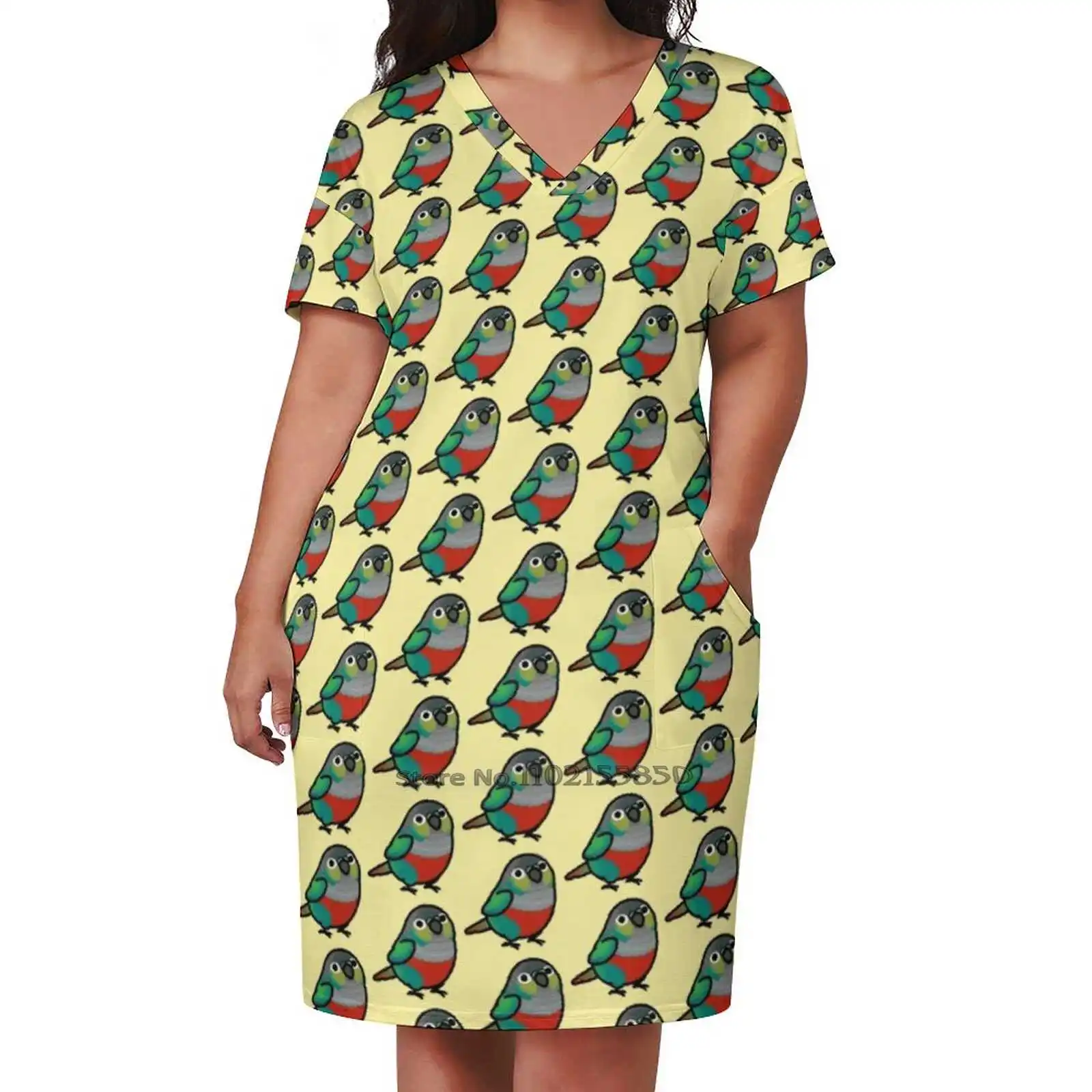 Chubby Crimson - Bellied Conure Loose Pocket Dress Fashion Print Dress Short Sleeve V-Neck A-Line Dress Crimson Bellied Conure