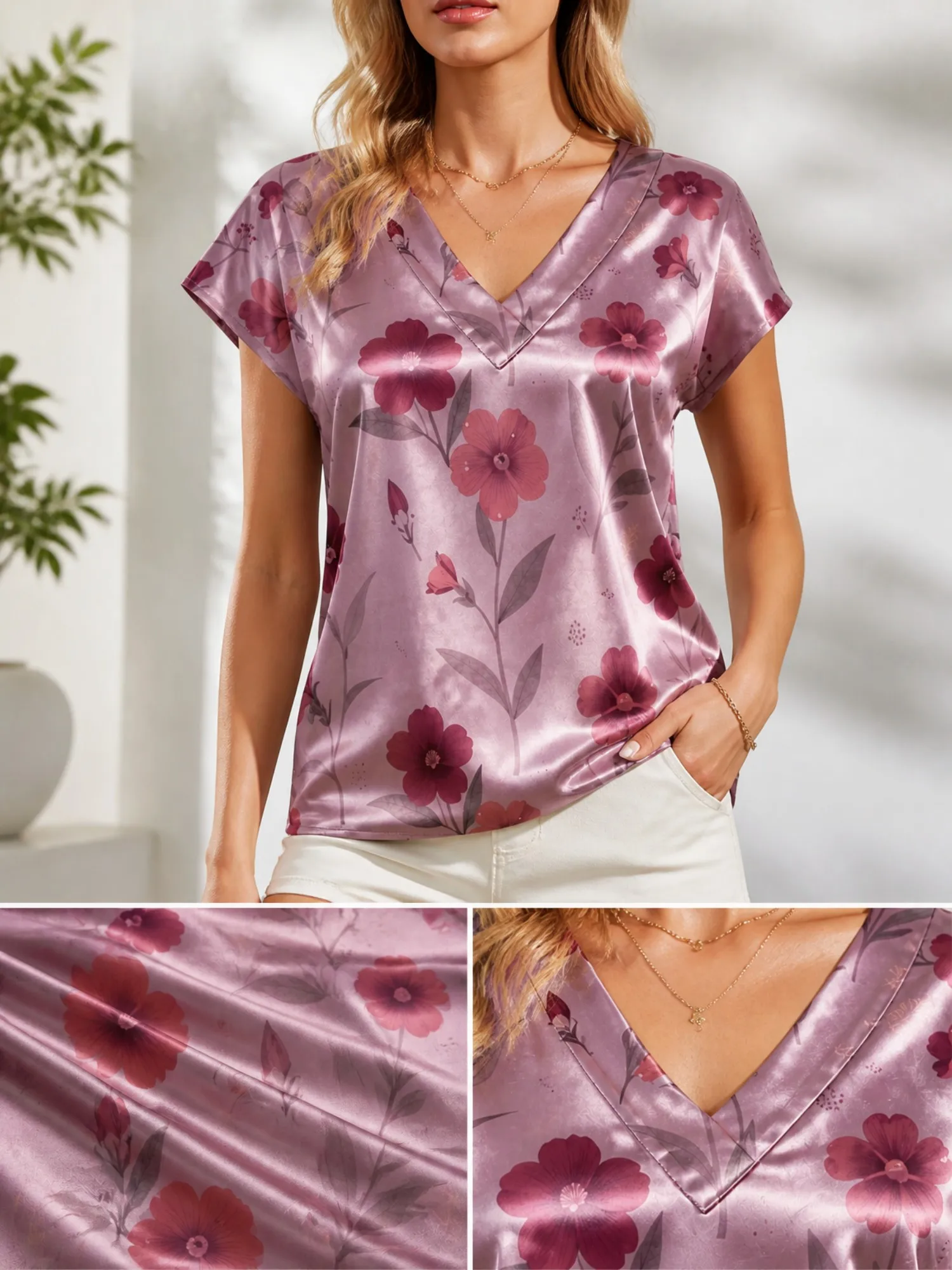 Floral Satin V Neck Top for Women Cap Sleeve Flowy Draped Fit Silky Casual Summer Resort Wear Lightweight Breathable Spring Cafe