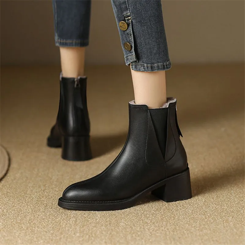 New Winter Split Leather Women Boots Fashion Ankle Boot for Women Wool Short Boots Chunky Heel Botines Mujer Concise Women Shoes