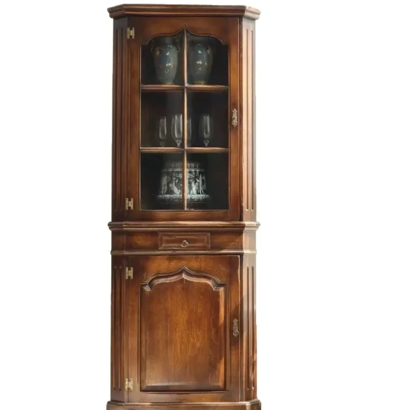 American retro solid wood corner cabinet storage, glass door restaurant corner wall cabinet