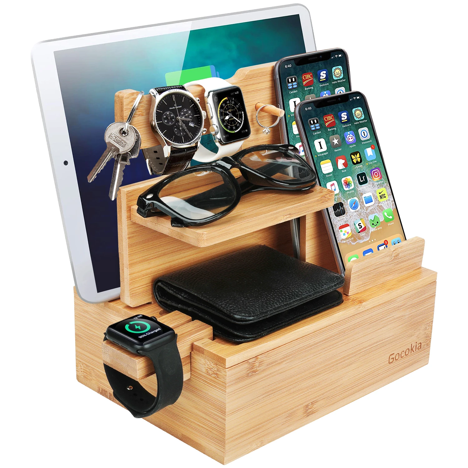 

Бамбуковая док-станция для нескольких устройств, подставка для телефона, ключей, ноутбука, планшета, часов, настольный органайзер, подарок на день рождения другу
