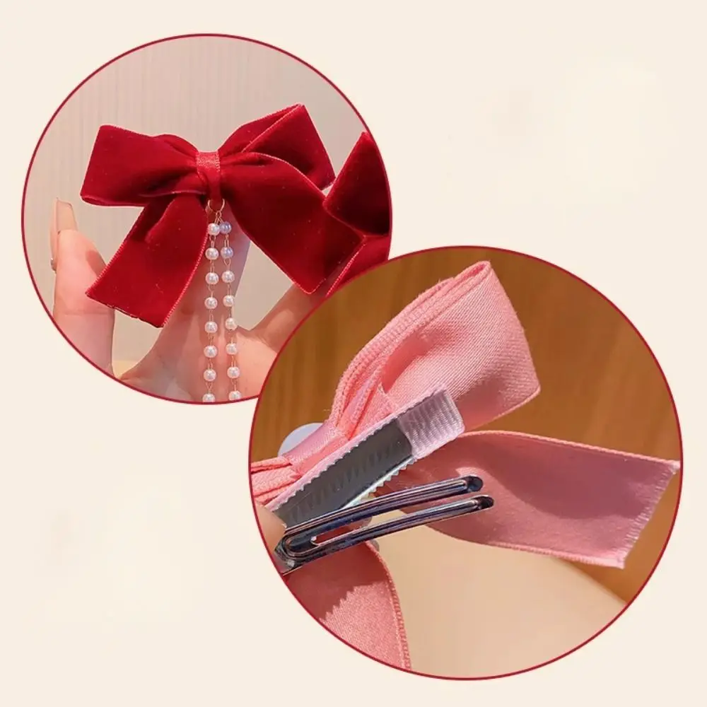 Pearl Chain Bowknot Hair Clip Tassel Korean Style Bow Tassel Hairpin Headwear Ponytail Clip Ribbon Bow Barrettes