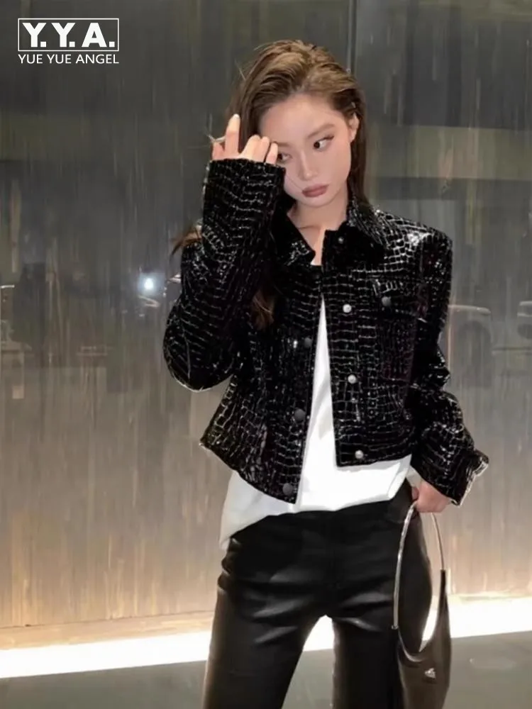 Autumn Bright Color Crocodile Pattern Natural Sheepskin Ladies Jacket Fashion Turndown Collar Genuine Patent Leather Short Coat
