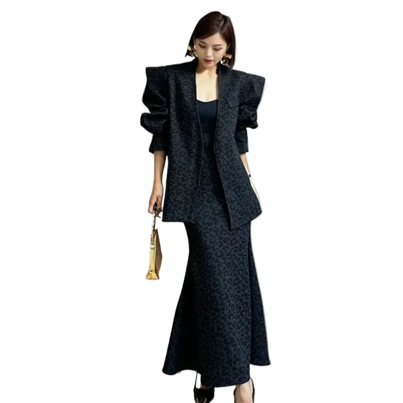 

Одиночный или комплект, осенне-зимняя женская модная новая шикарная куртка с леопардовым принтом + юбка с высокой талией, модный комплект из двух предметов
