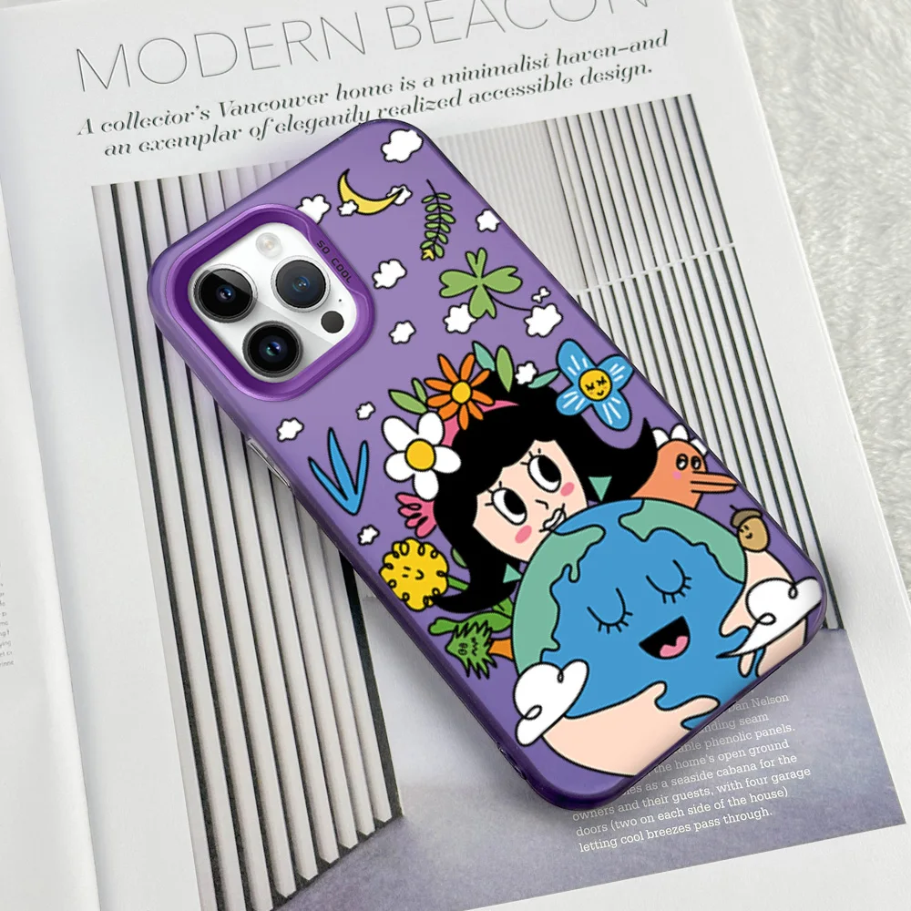 Cute Embracing Earth Illustration Art Cartoon Phone Case For iPhone 12 11 13 14 15 16 Max Pro Plus So Cool Cover