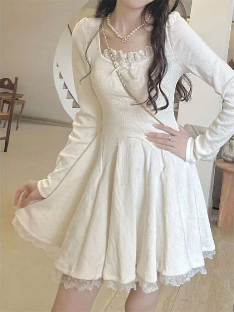 Bow Lace Patchwork Women Dress Solid Korean Fashion  Square Collar 2024 Style Long Sleeve Y2k Asehitic Elegant Basic