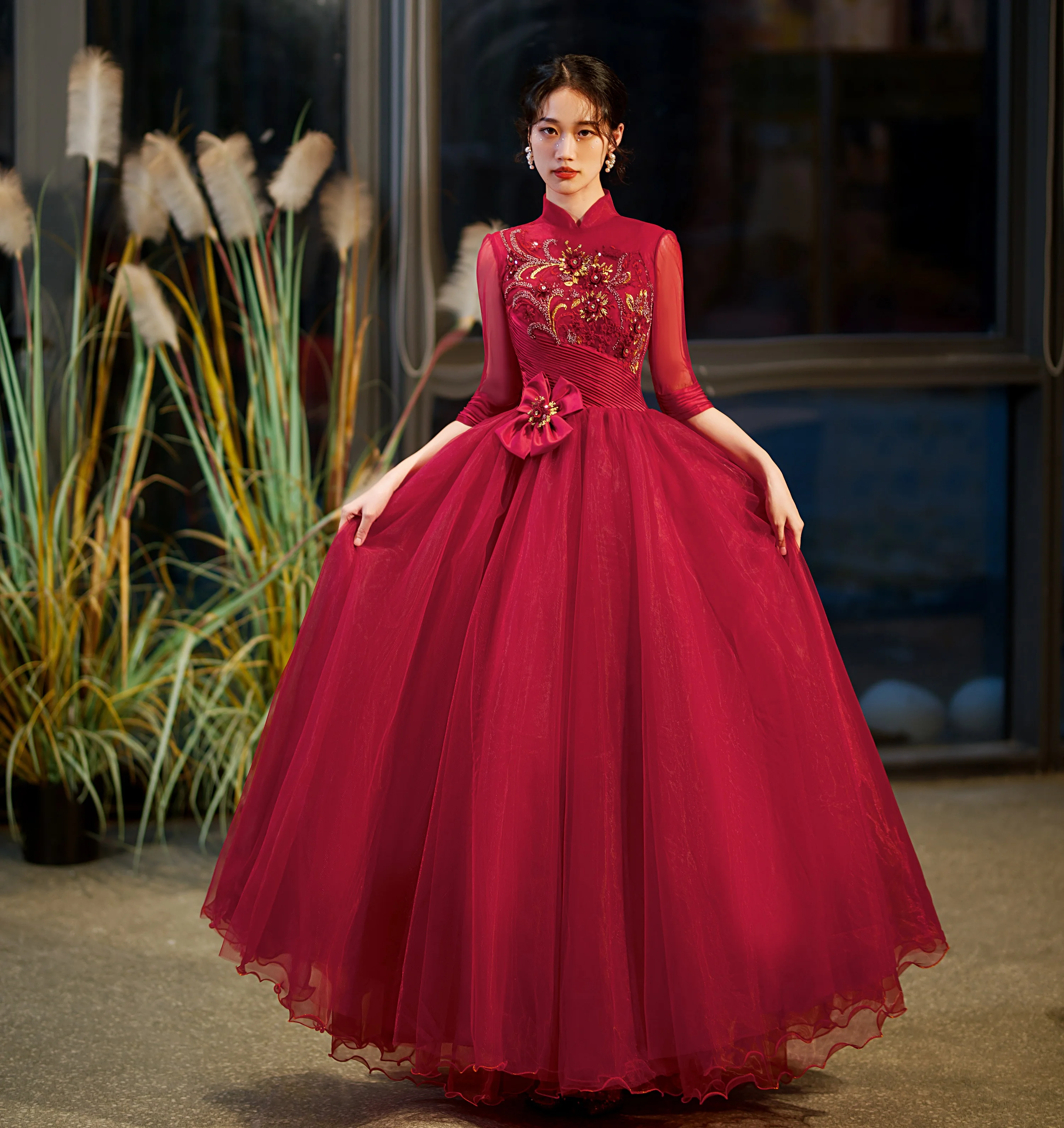 wine red stand collar lace ball gown wonderland cosplay medieval dress Renaissance gown queen VictorianBelle Ball/belle