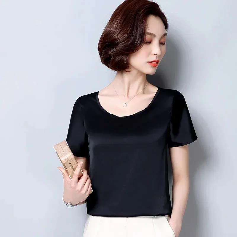 Womens Tops and Blouses 2024 Casual Silk O-neck Office Lady Clothes Summer Satin Short Sleeve Solid Color Shirt Blusas 2126 50