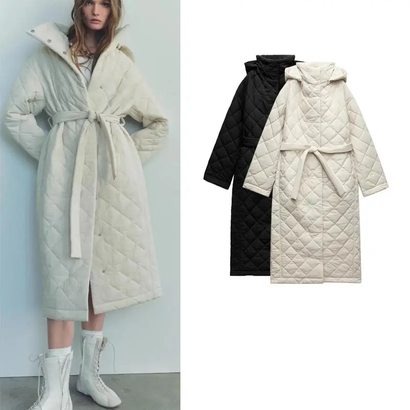 Autunno Inverno delle nuove donne Casual staccabile cintura in vita lungo trapuntato in cotone Jaet con cappuccio modello diamante pendolari Sle Coat