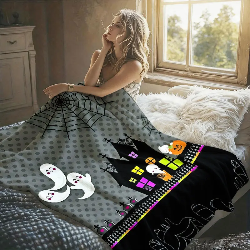 Halloween Ghost Town Flannel Blanket Warm Soft Halloween Christmas Decorative Couch Warm Cozy All-Season Gift